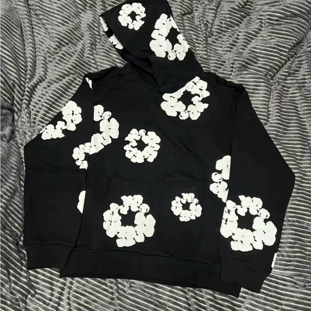 Black Hoodie with White Floral Pattern